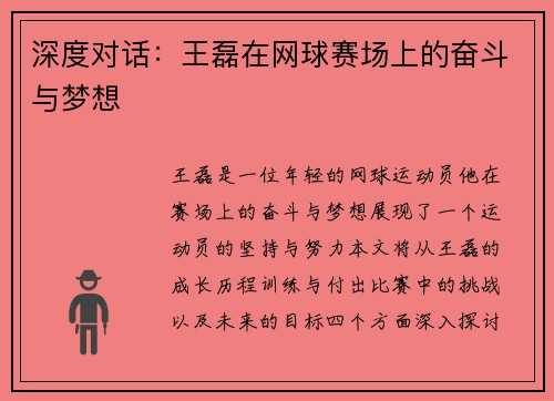 深度对话：王磊在网球赛场上的奋斗与梦想